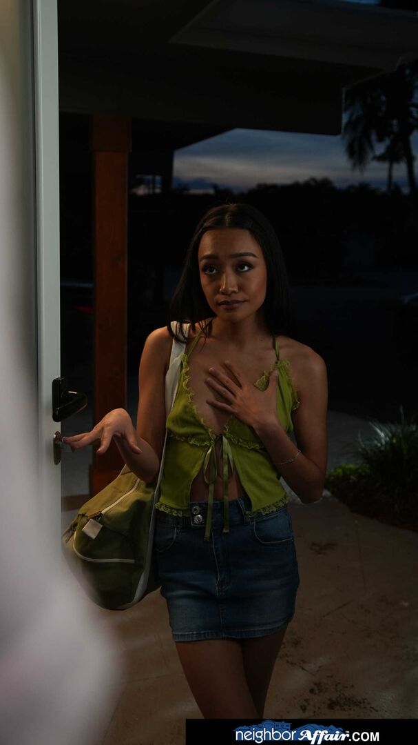 Cute brunette Jade Kimiko turns up the heat at her neighbor's house