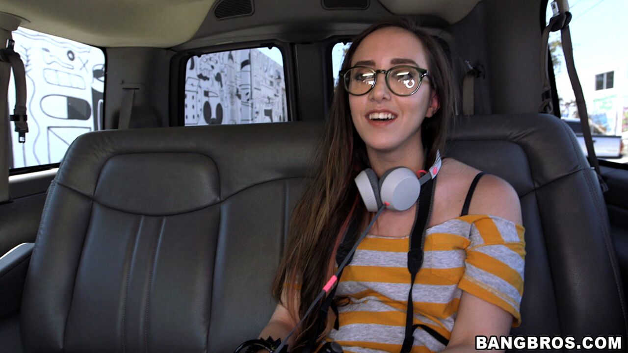 Amateur with glasses gets fucked on BangBus