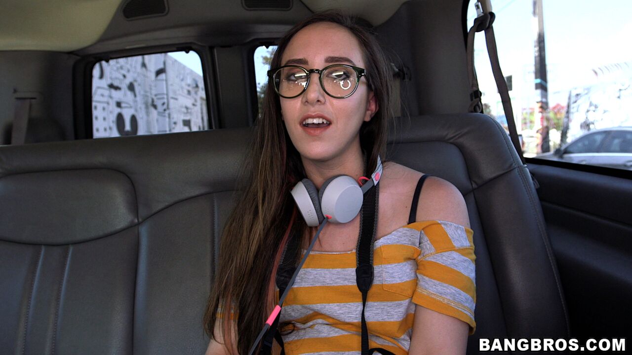 Amateur with glasses gets fucked on BangBus