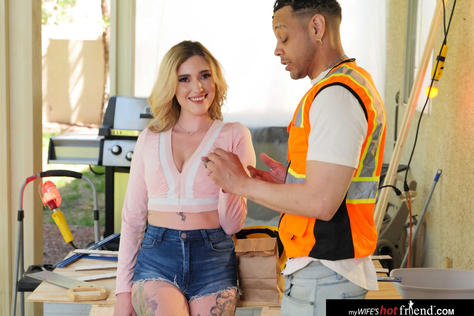 Tattooed blonde Katie Kinz takes bbc from her friend's husband