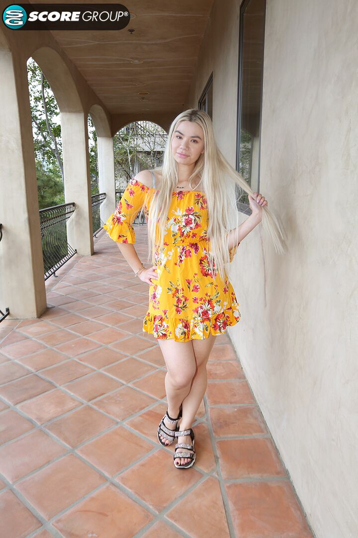 BLONDE ANGELICA LOOKS AMAZING IN HER YELLOW SUNDRESS. SHE LOOKS EVEN BETTER SPREAD, FUCKED AND FACIALED.