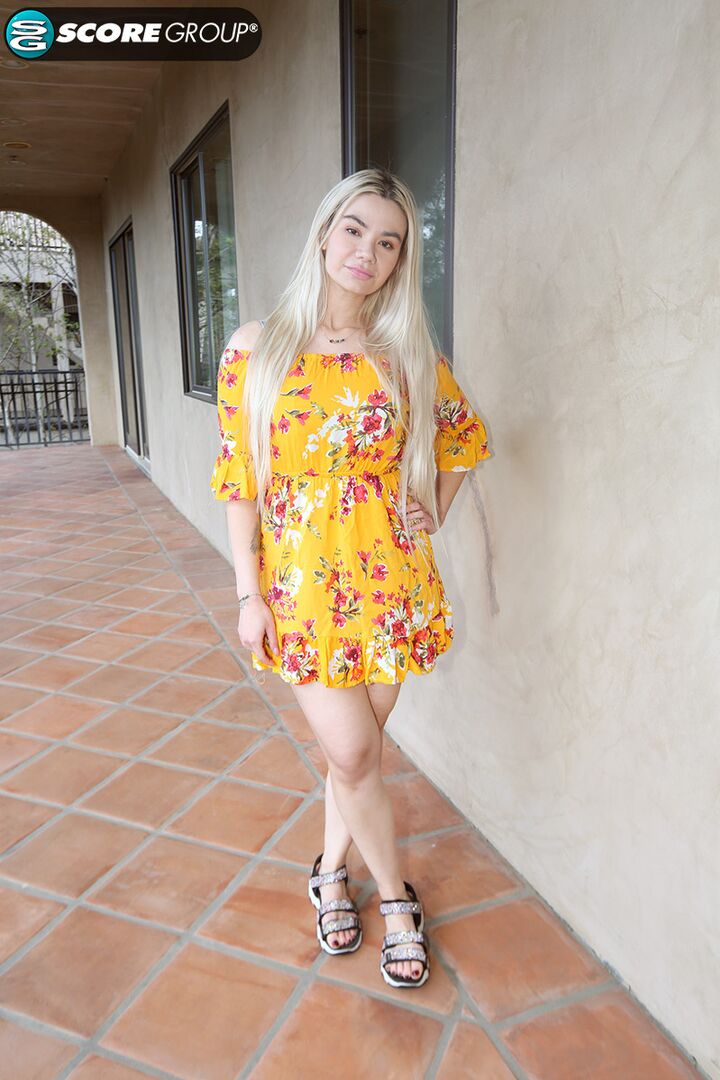 BLONDE ANGELICA LOOKS AMAZING IN HER YELLOW SUNDRESS. SHE LOOKS EVEN BETTER SPREAD, FUCKED AND FACIALED.