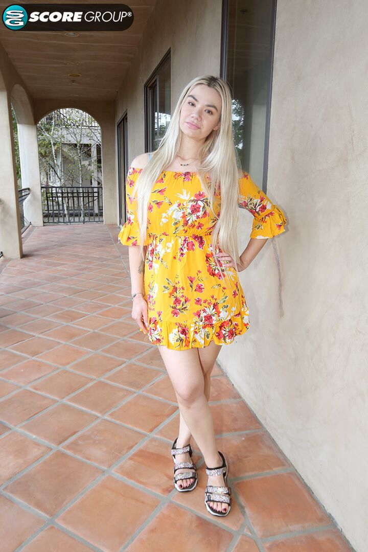 BLONDE ANGELICA LOOKS AMAZING IN HER YELLOW SUNDRESS. SHE LOOKS EVEN BETTER SPREAD, FUCKED AND FACIALED.