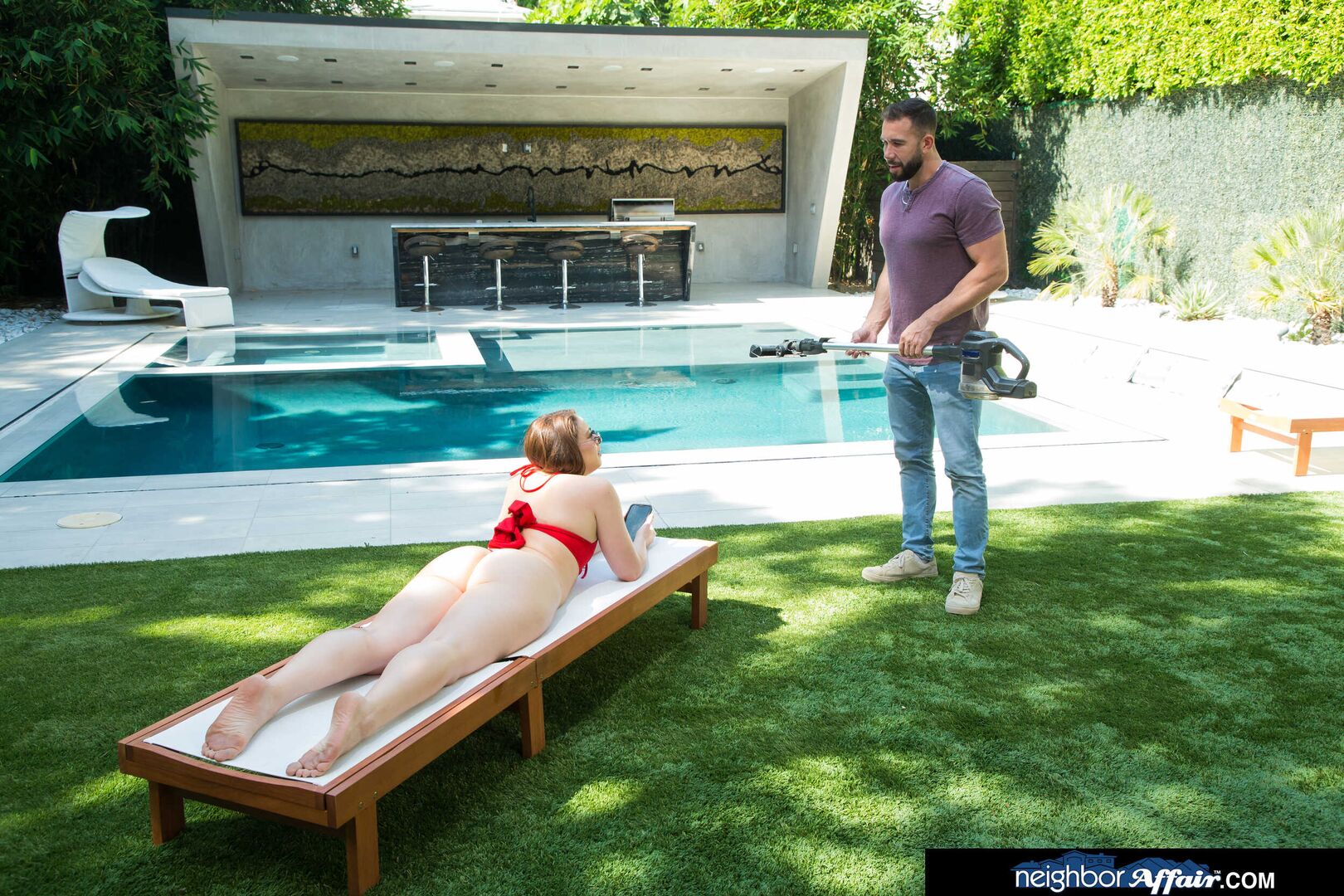 Sophia Burns gets oiled up by dad's neighbor before asking him to fuck her while daddy's gone