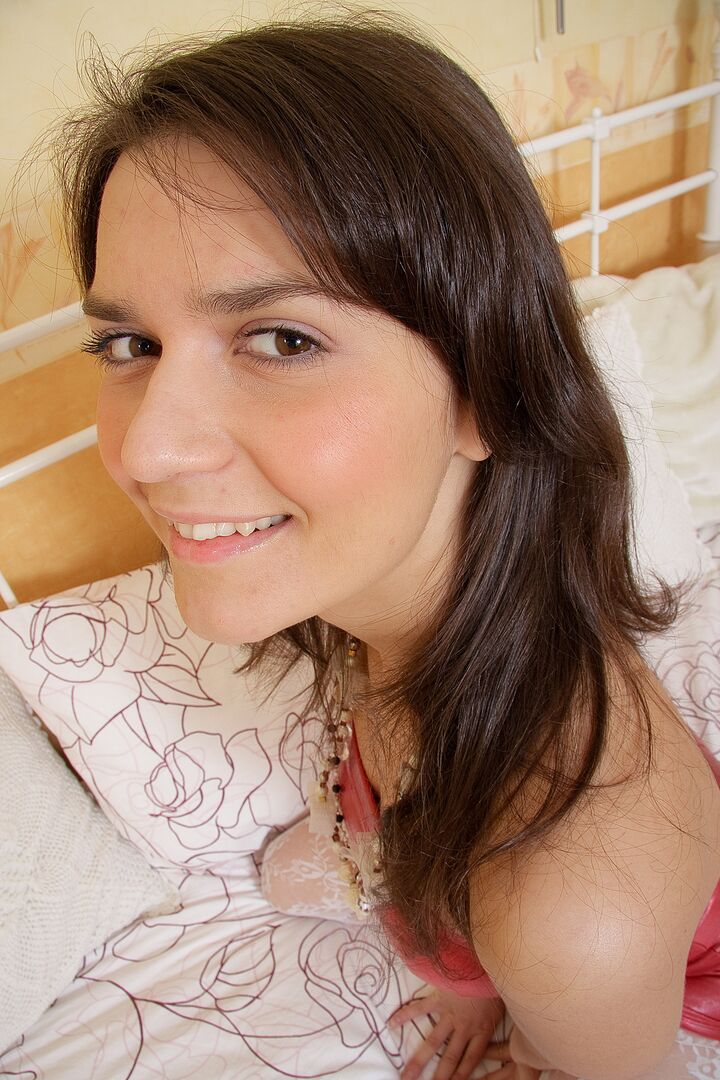 Teen Nina in Lacy Stockings Strips and Toys Her Cunt