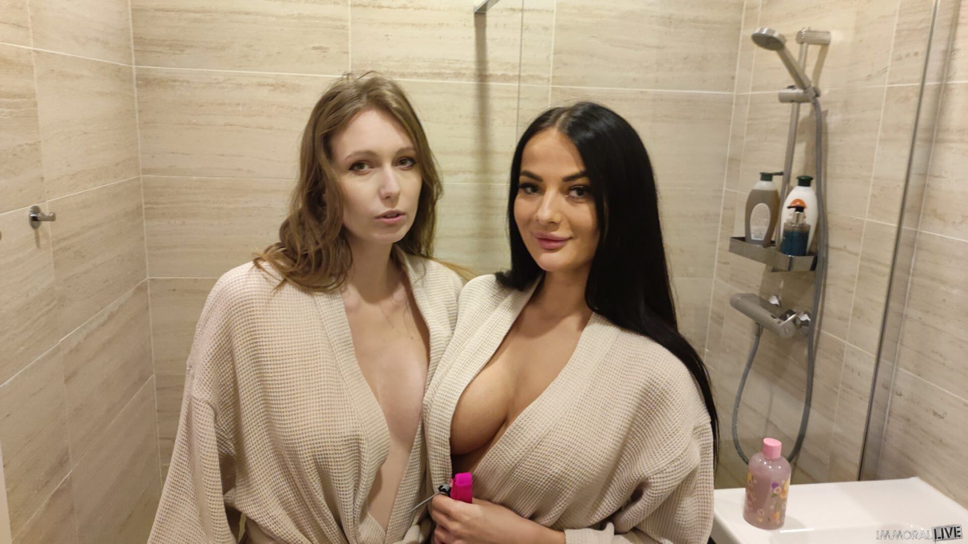 Squirting Justice for Perverts Spying on Busty Showering Beauties
