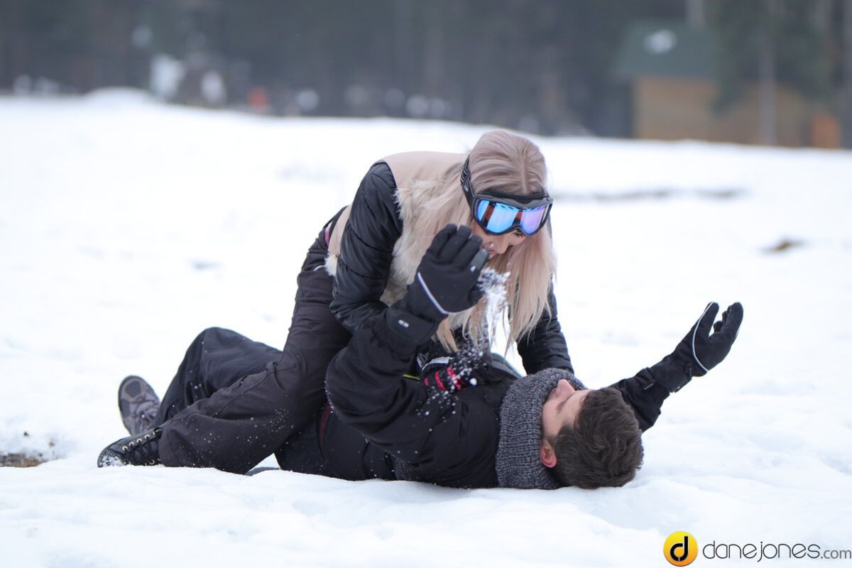 Passionate couple outdoor snow sex