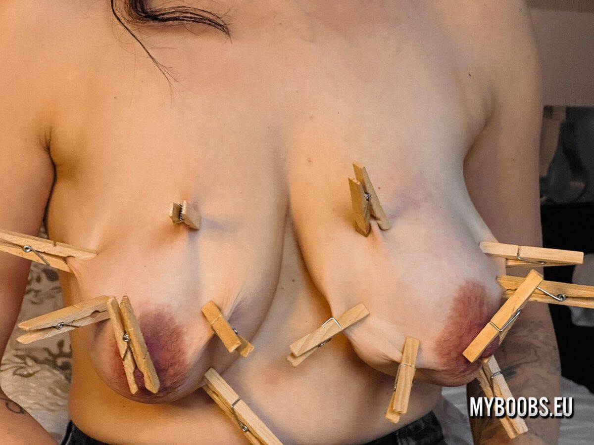 MILF Shione Cooper alot Clothespins on her Dark Hard Nipples