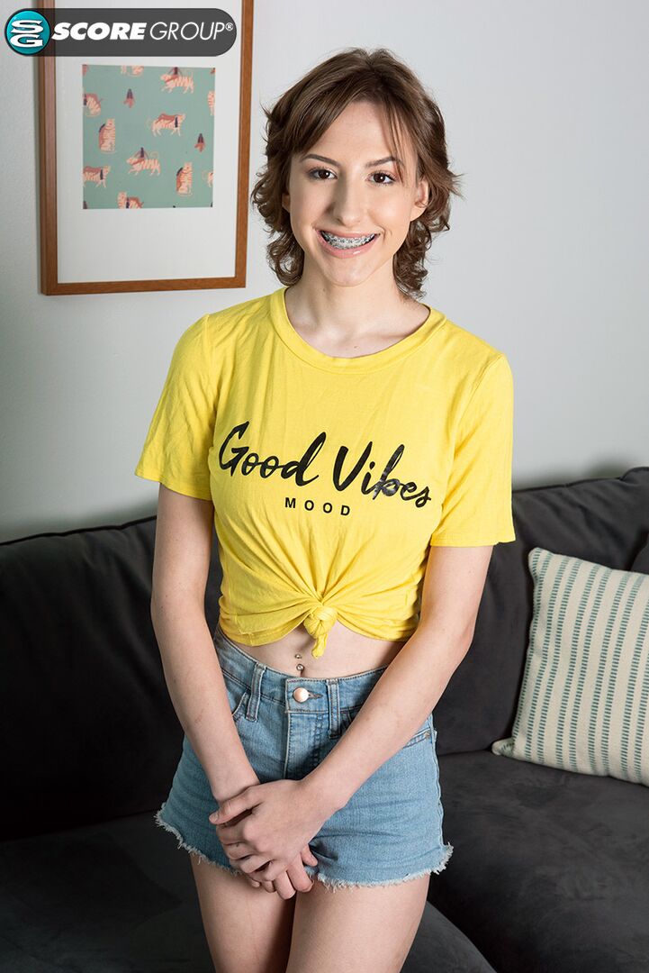 SHORT-HAIRED TEENAGER TRISTAN DOESN'T WEAR A BRA, LOVES GETTING RAILED ON THE COUCH AND LOVES HOT CUM SPLATTERED ON HER TONED STOMACH.