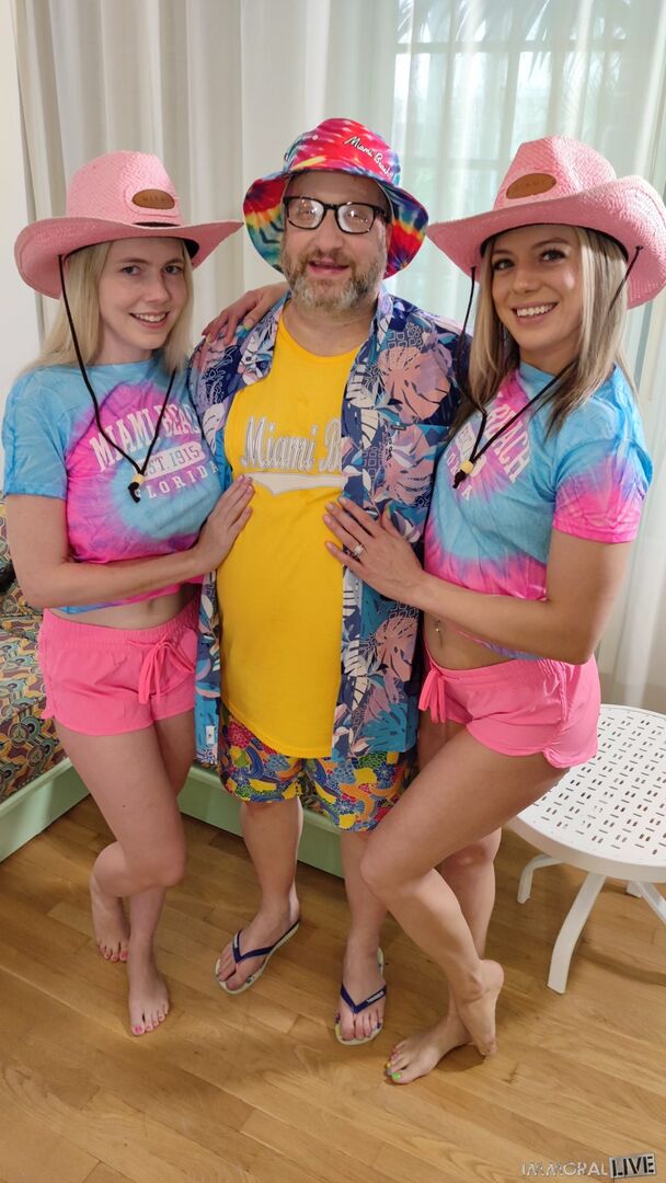 Chubby Teddy from Chicago Wins a Double Blowjob from Sexy Blondes Besties