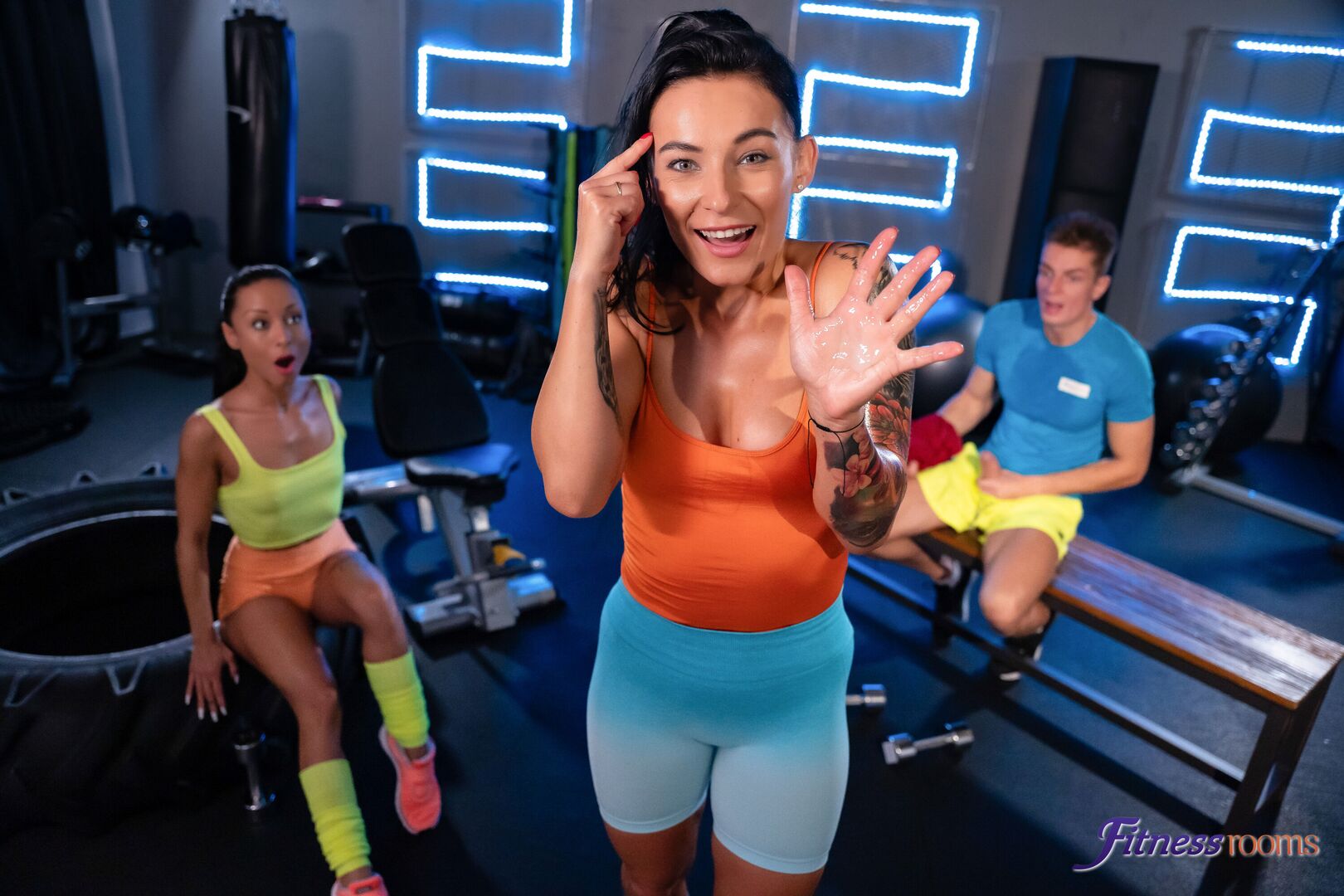Big cock gym threesome with babes