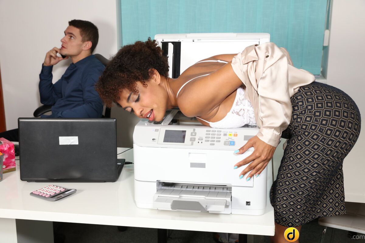 Ebony office babe hot for coworker