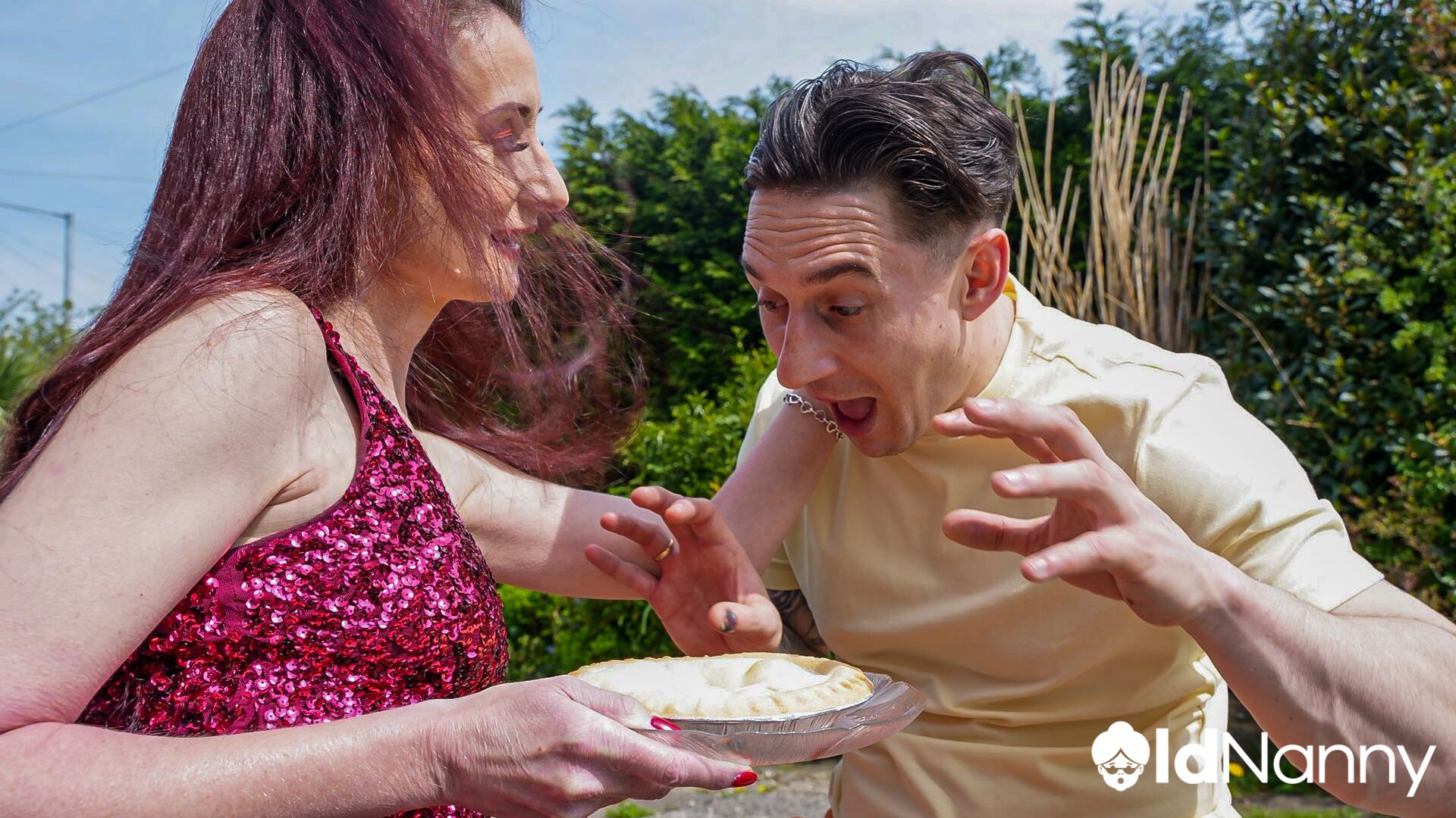 IN RETURN FOR THE PIE, SHE GETS A GIANT COCK IN HER THROAT AND PUSSY