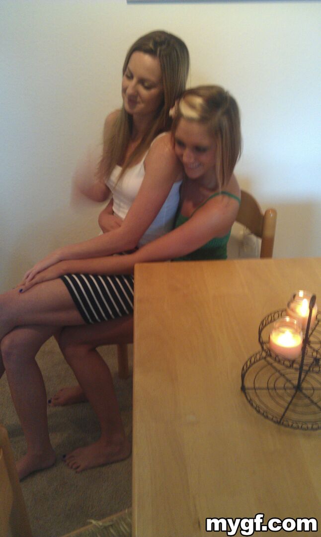 Blonde on Blonde Fucking Each other With Double-Head Dildo.
