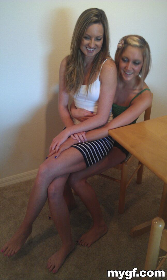 Blonde on Blonde Fucking Each other With Double-Head Dildo.