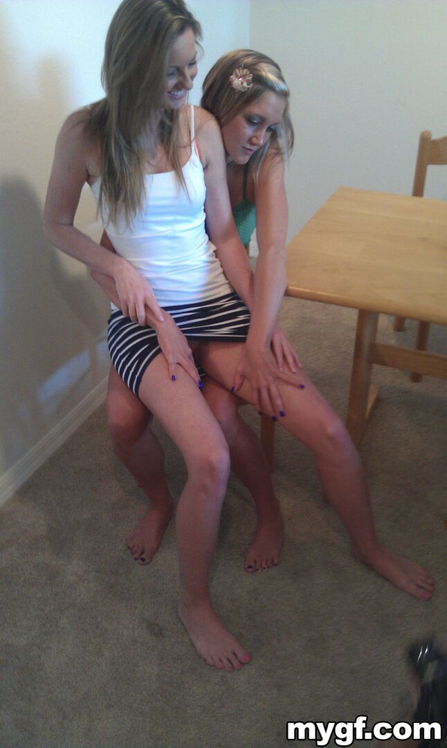 Blonde on Blonde Fucking Each other With Double-Head Dildo.