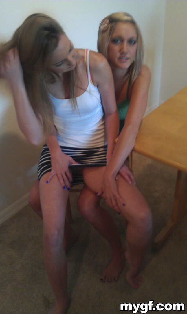 Blonde on Blonde Fucking Each other With Double-Head Dildo.