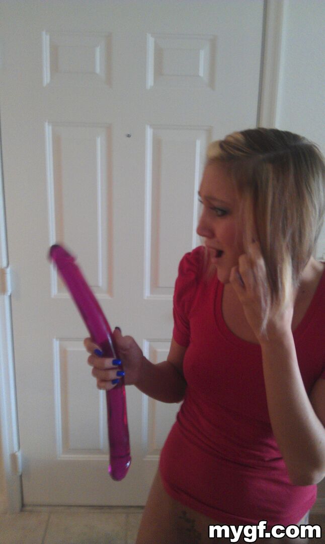 Blonde on Blonde Fucking Each other With Double-Head Dildo.