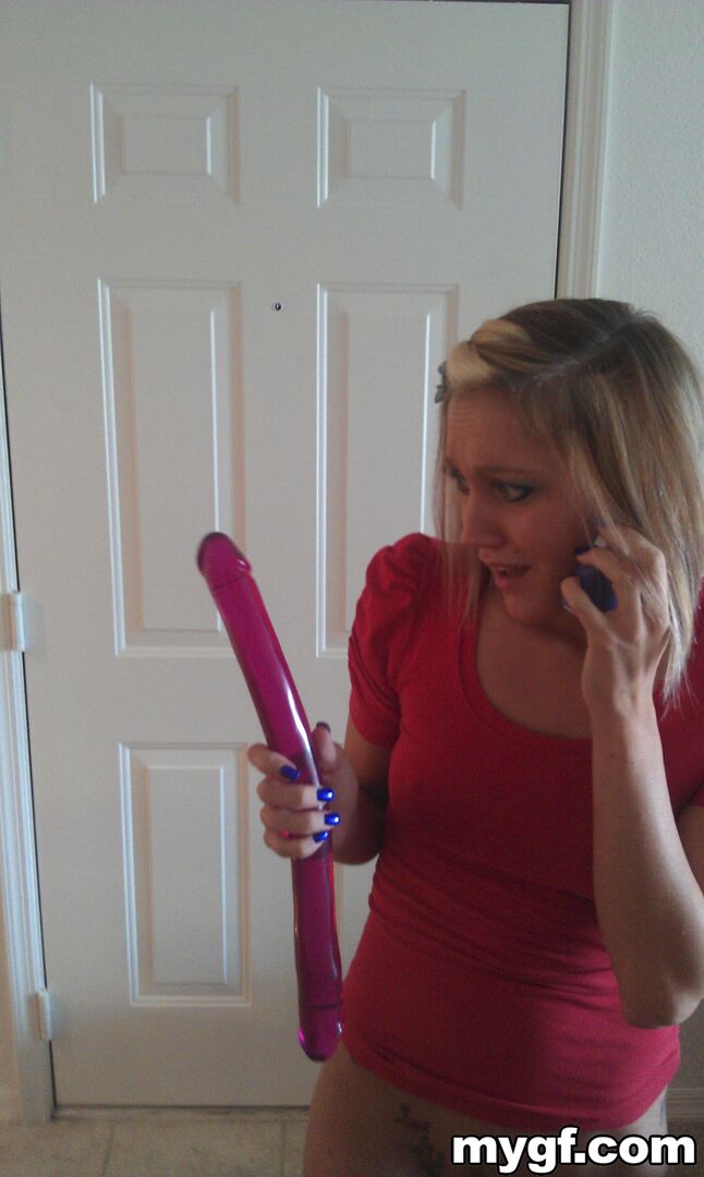 Blonde on Blonde Fucking Each other With Double-Head Dildo.