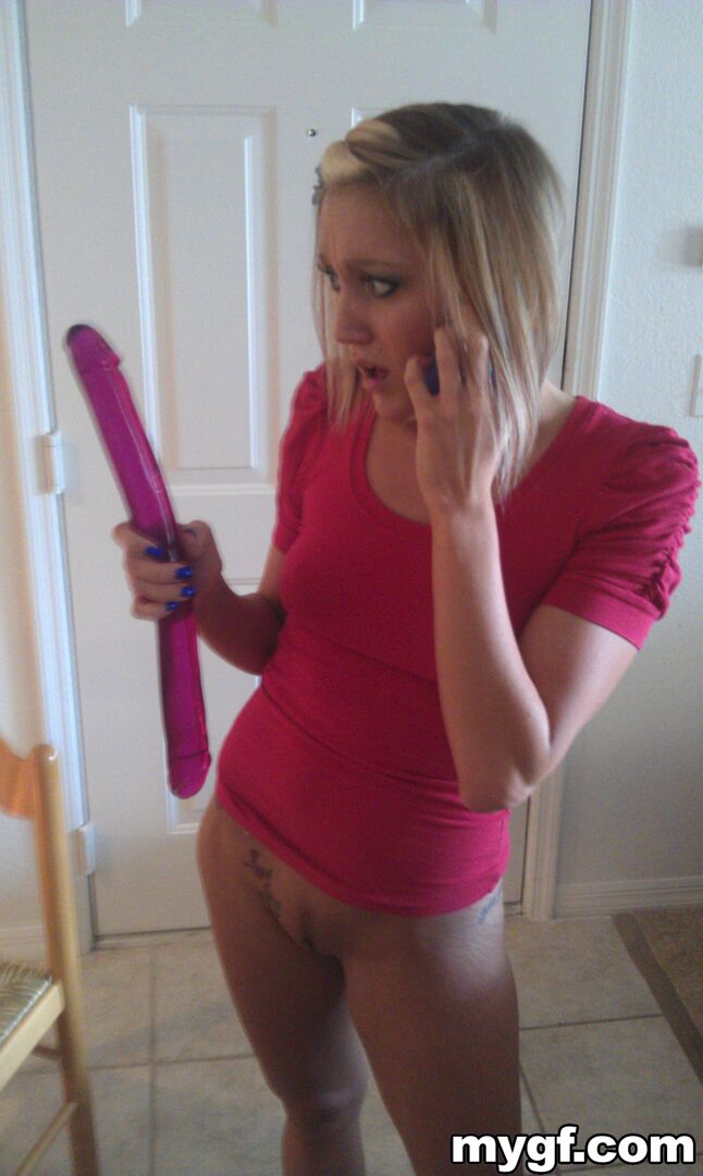 Blonde on Blonde Fucking Each other With Double-Head Dildo.