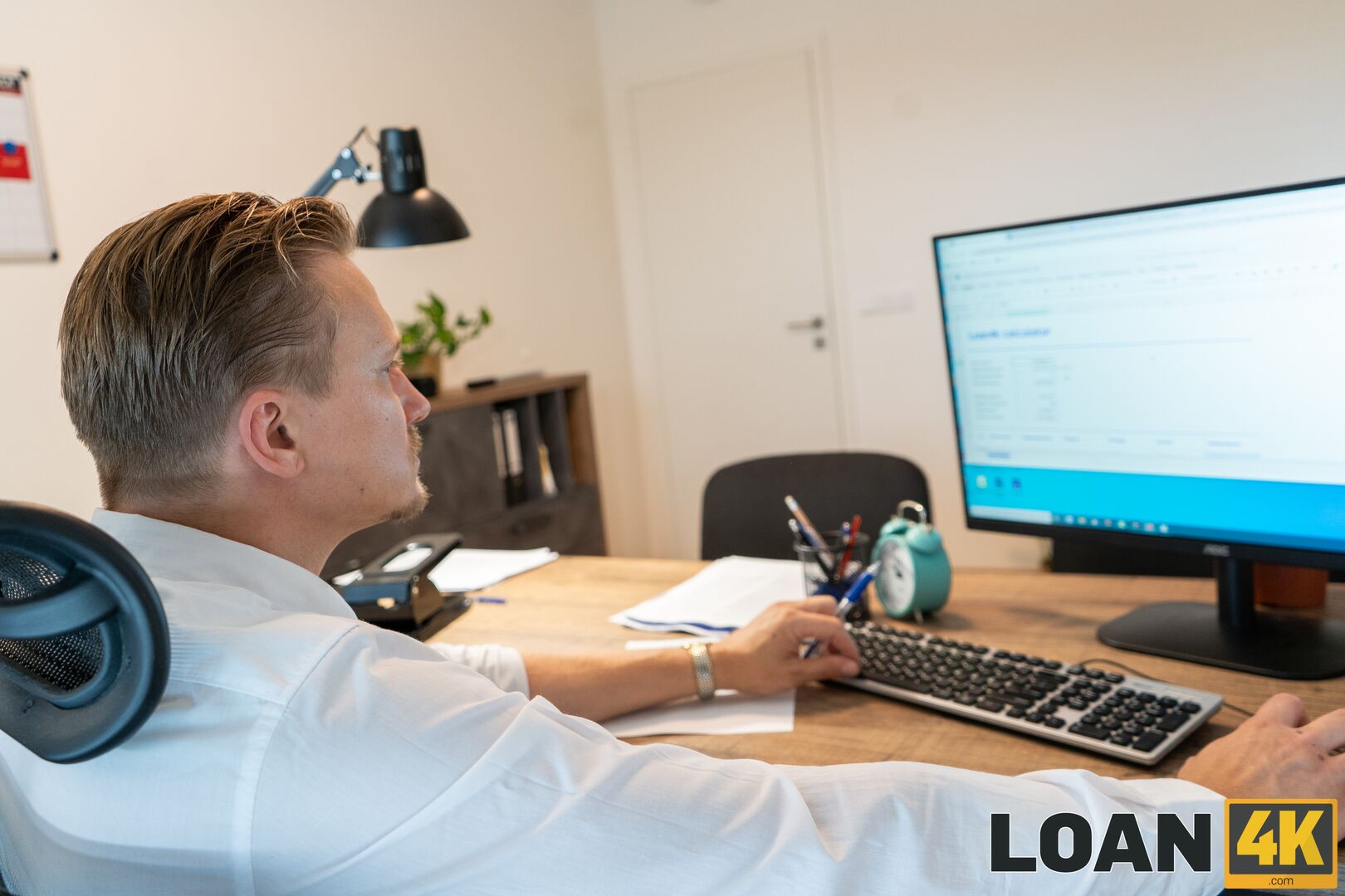 Pervy Loan Shark Almost Got Caught with Horny Client