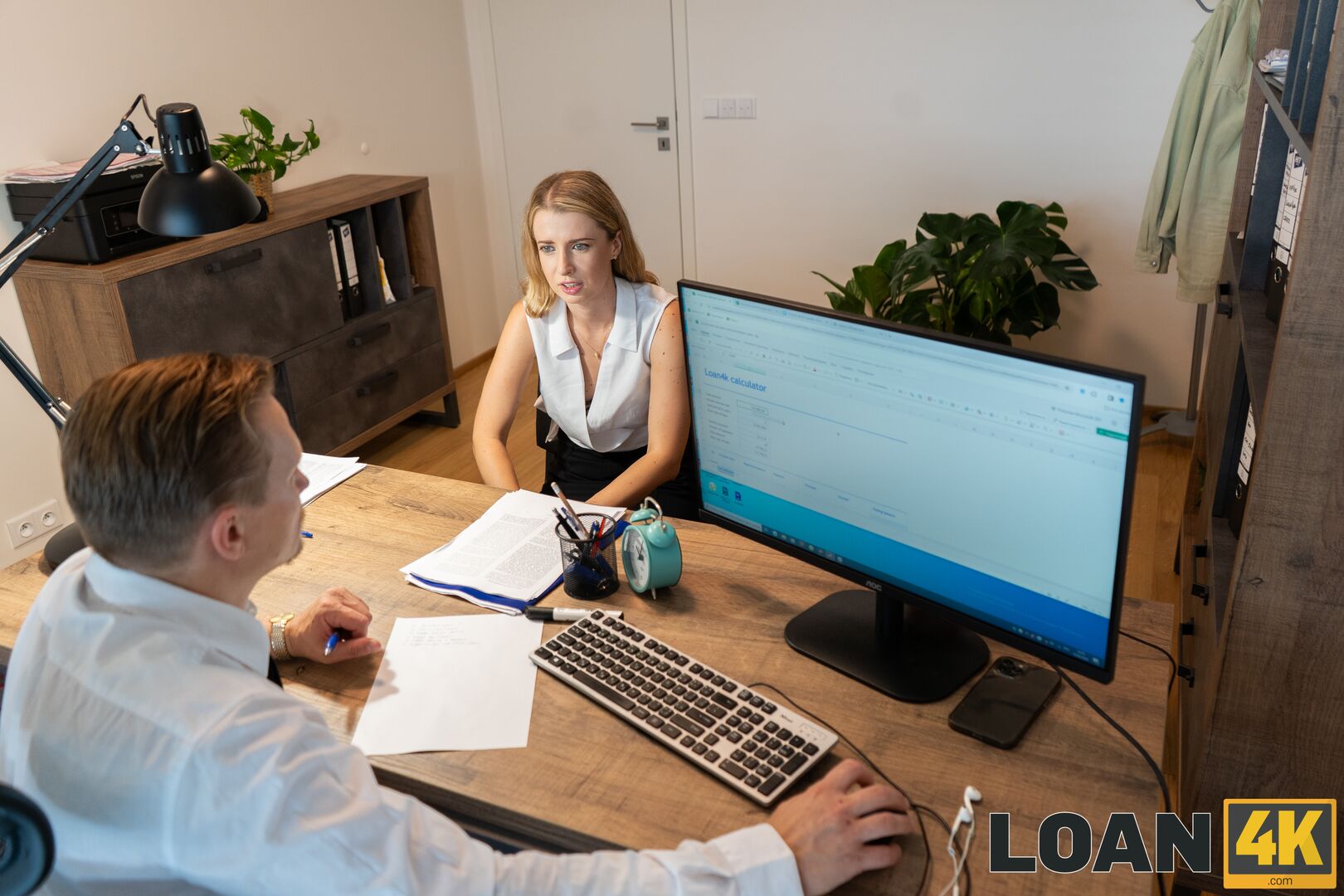 Pervy Loan Shark Almost Got Caught with Horny Client