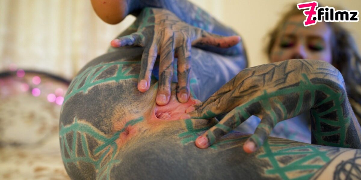 TATTOO girl masturbating, fingering her pussy and ass