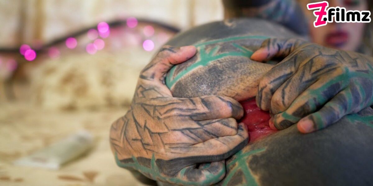 TATTOO girl masturbating, fingering her pussy and ass