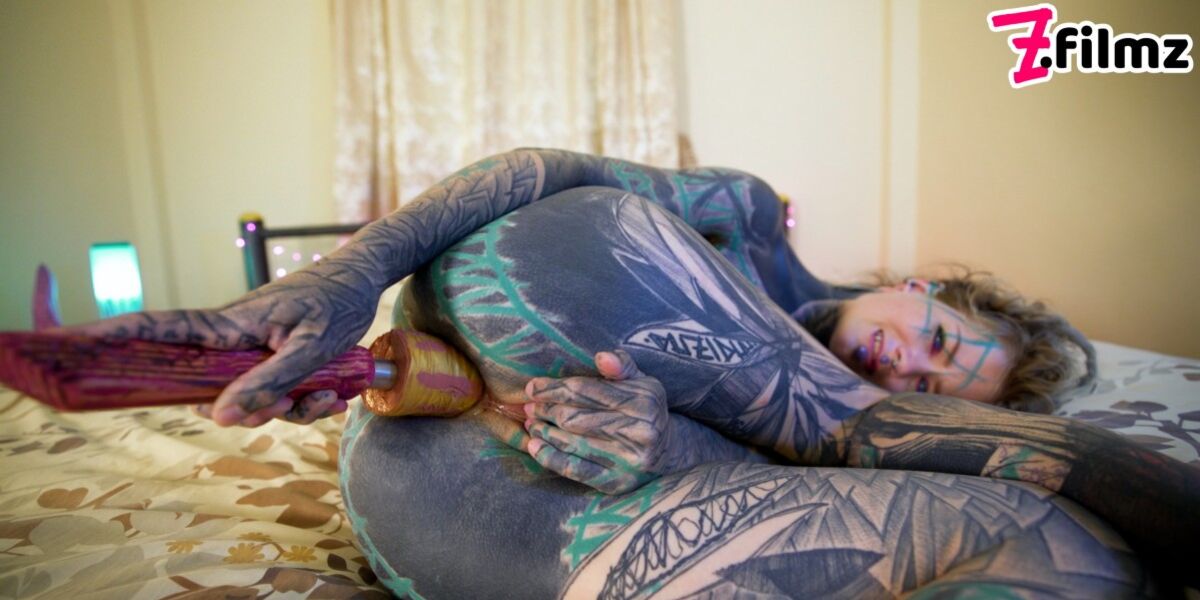 TATTOO girl masturbating, fingering her pussy and ass