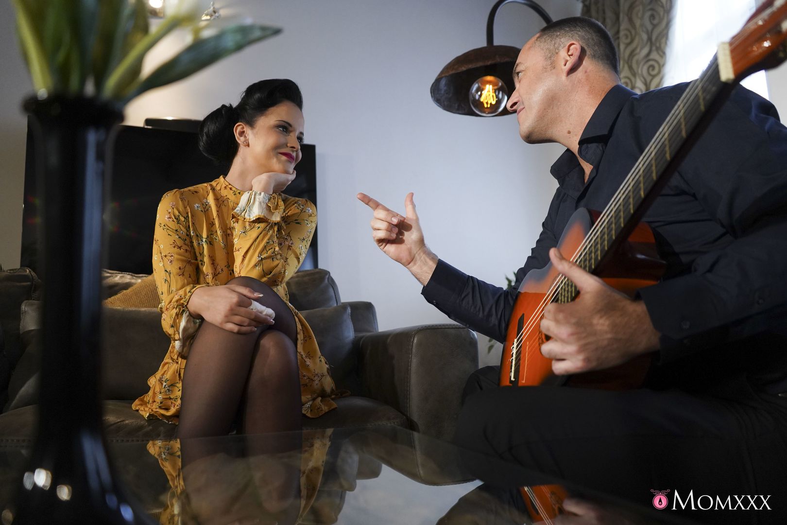 Horny housewife rides guitar tutor