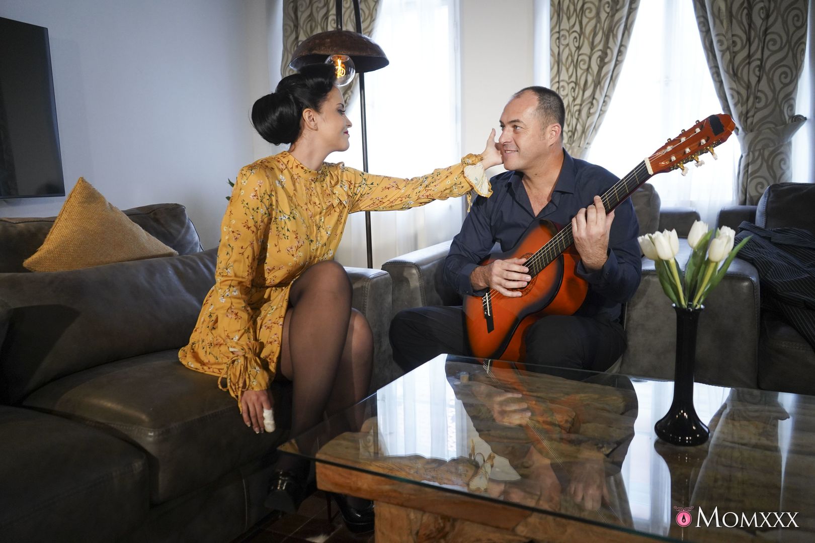 Horny housewife rides guitar tutor