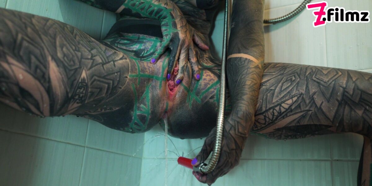 Heavily TATTOO model ANAL masturbation in shower
