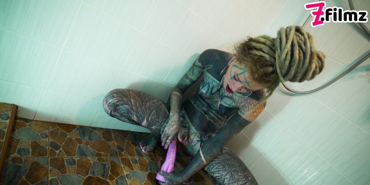 Heavily TATTOO model ANAL masturbation in shower