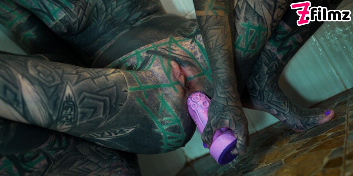 Heavily TATTOO model ANAL masturbation in shower