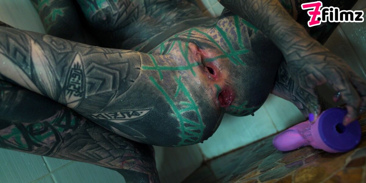 Heavily TATTOO model ANAL masturbation in shower