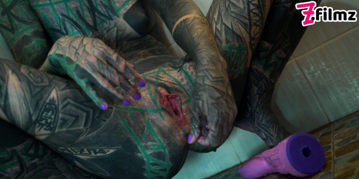Heavily TATTOO model ANAL masturbation in shower