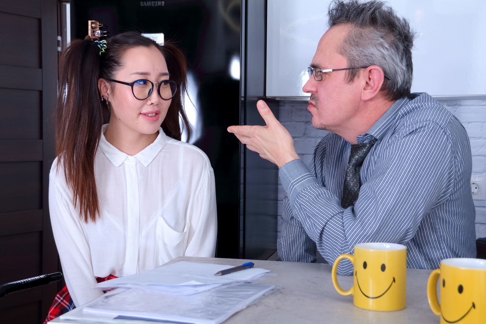 Grey-haired teacher plays with a sweet two-tailed cutie