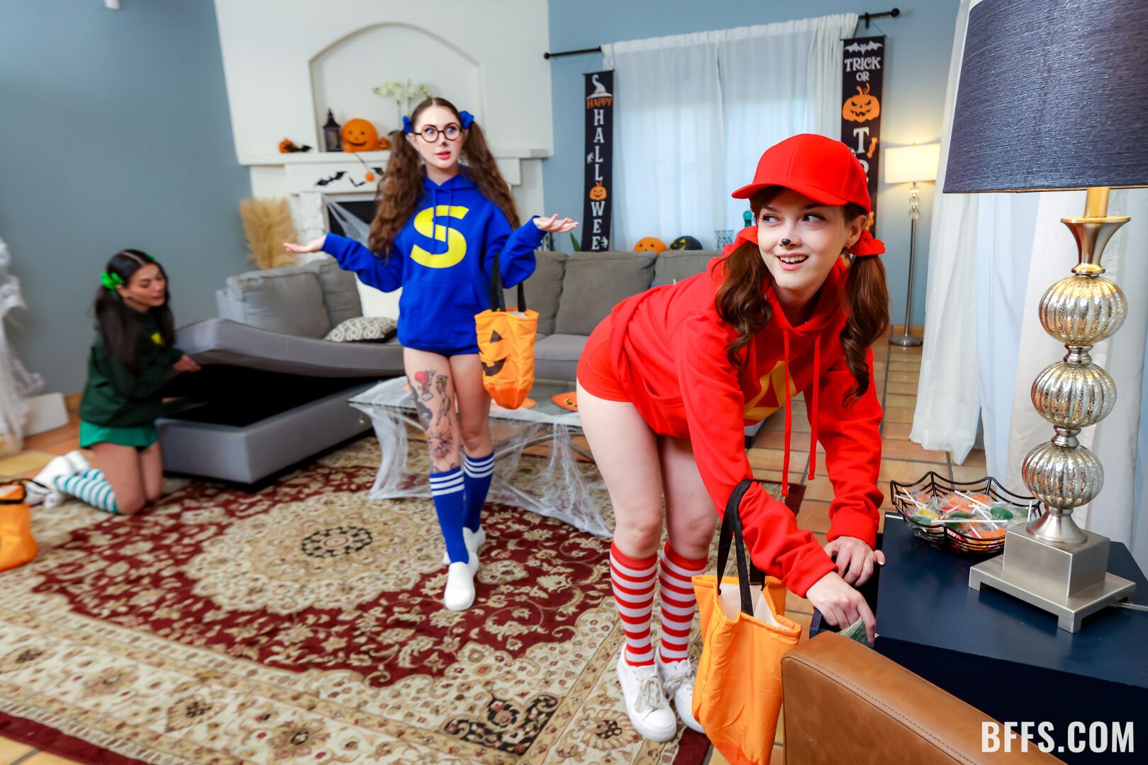 “We’re the Clitmunks!” Three Friends Share a Big Cock for Halloween