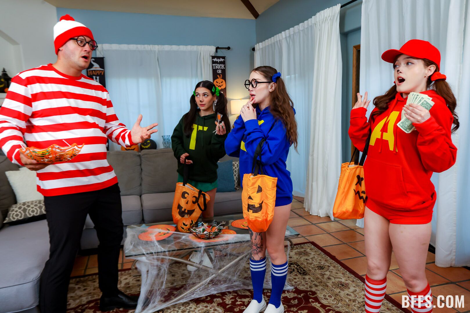 “We’re the Clitmunks!” Three Friends Share a Big Cock for Halloween