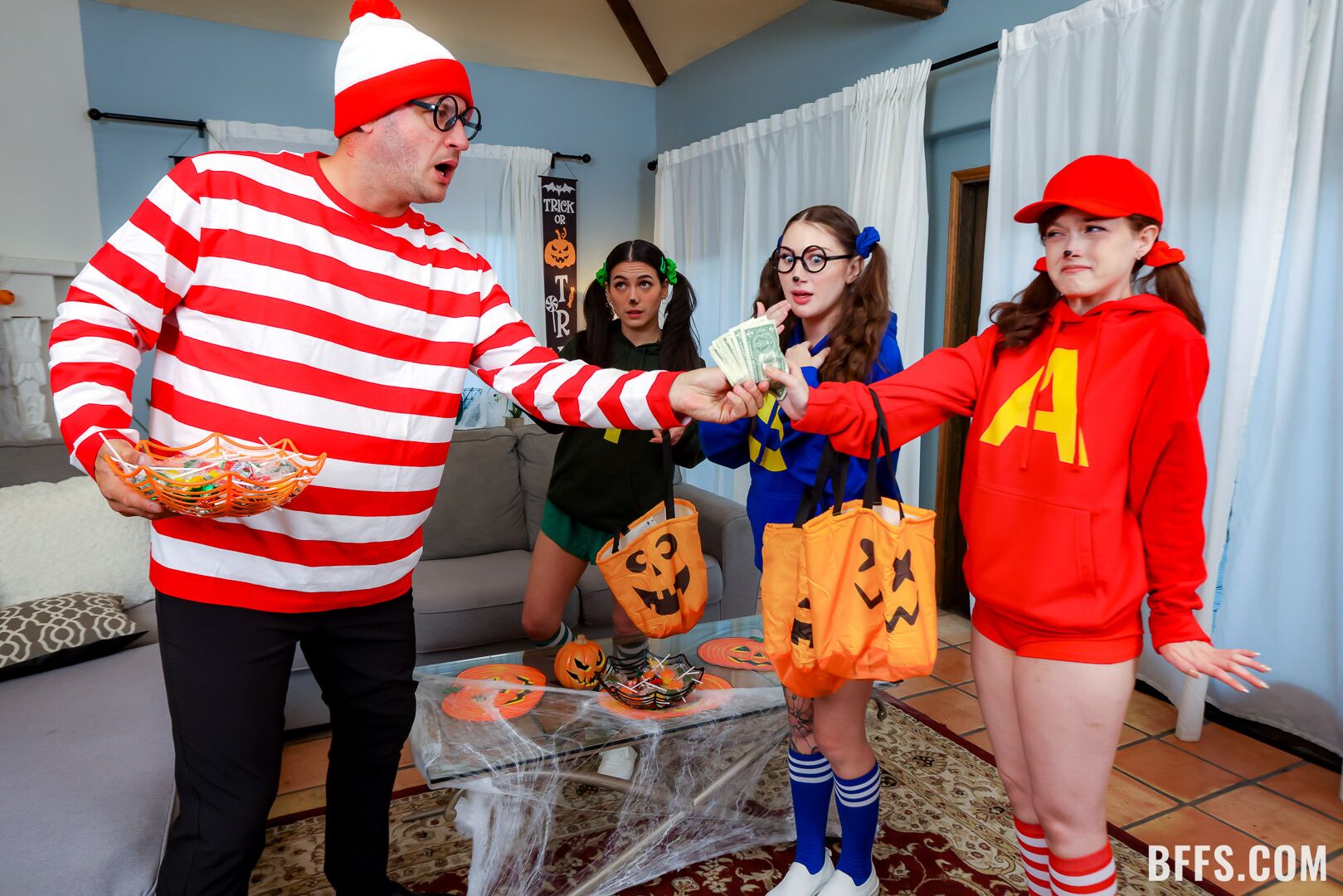 “We’re the Clitmunks!” Three Friends Share a Big Cock for Halloween