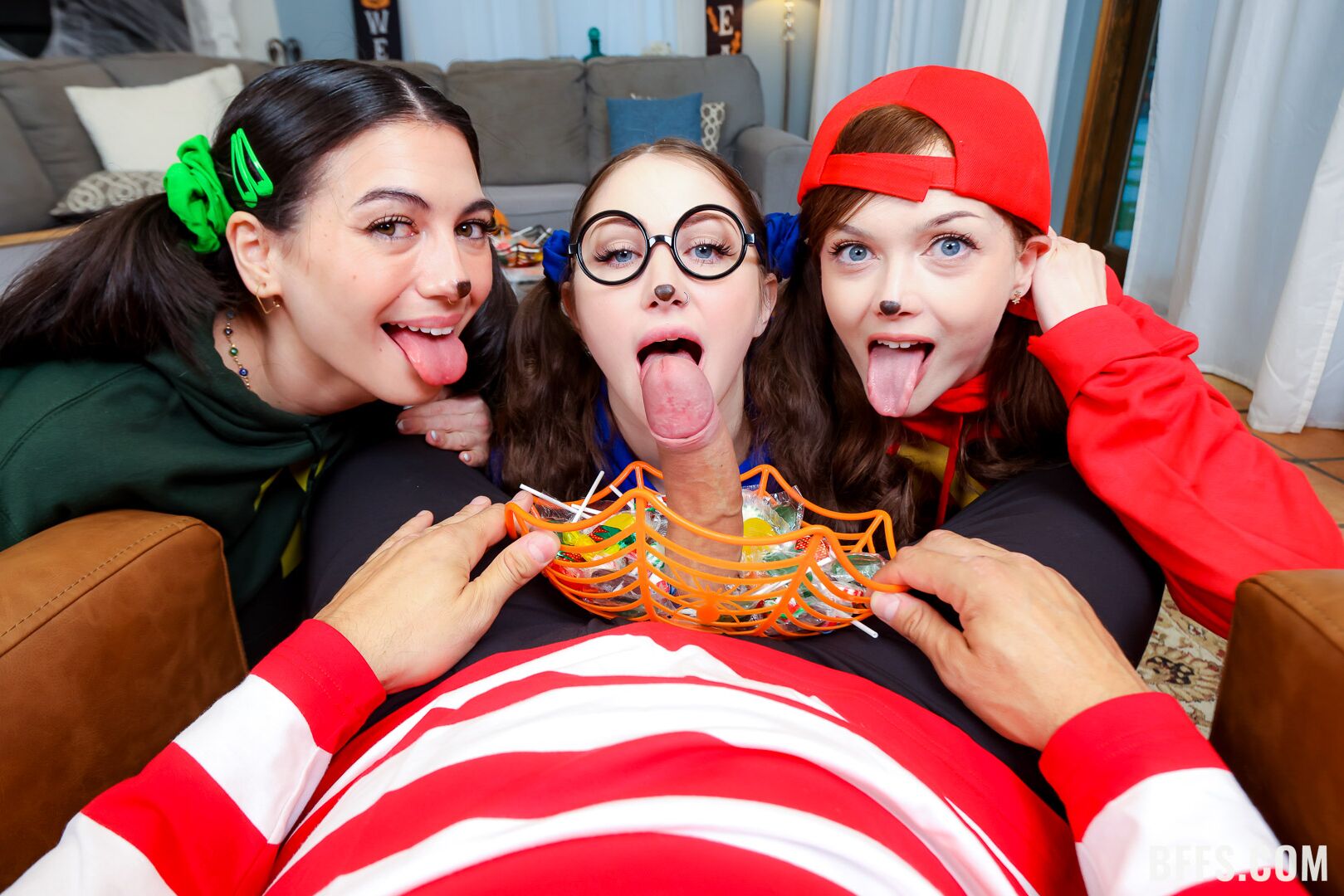 “We’re the Clitmunks!” Three Friends Share a Big Cock for Halloween