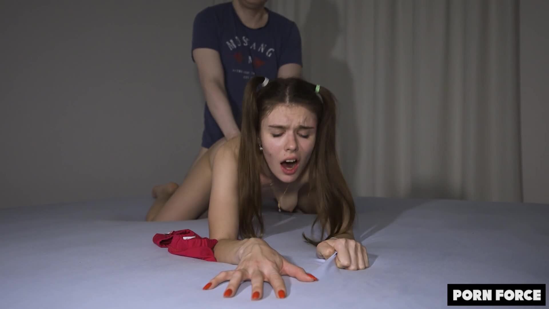 Brunette teen has her hair styled in pigtails for hardcore fucking on the bed