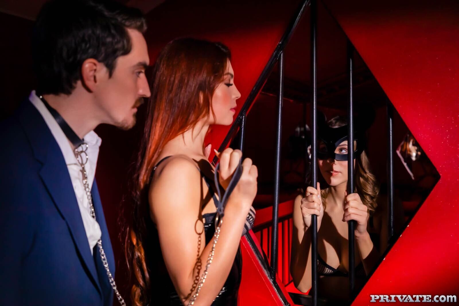 Peach Lollypop, Amber Slassh and their submissive puppy in a BDSM threesome