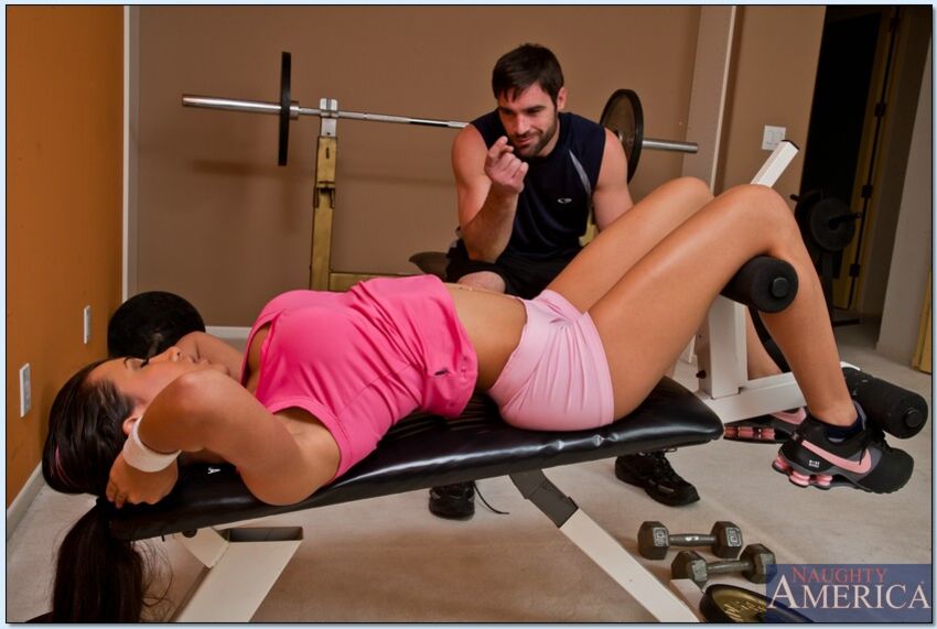 Shaved Amia Miley fucking in the gym with her piercings