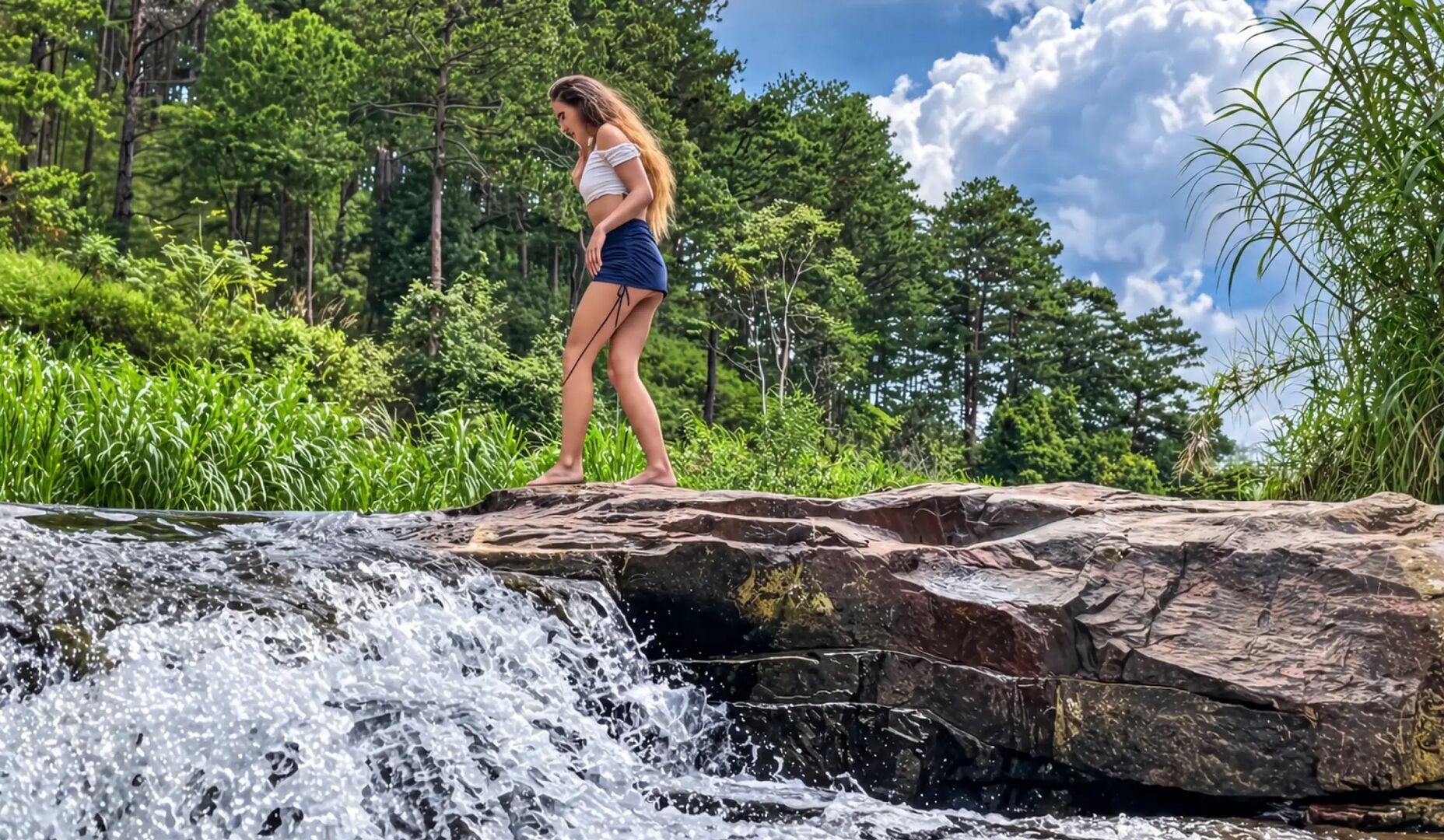 Peeing in a waterfall