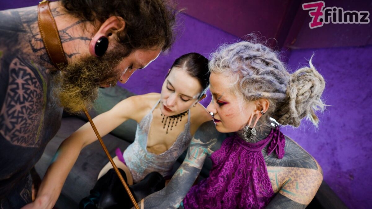 Heavy Tattooed Sub Played With And Pegged By 2 Dominas