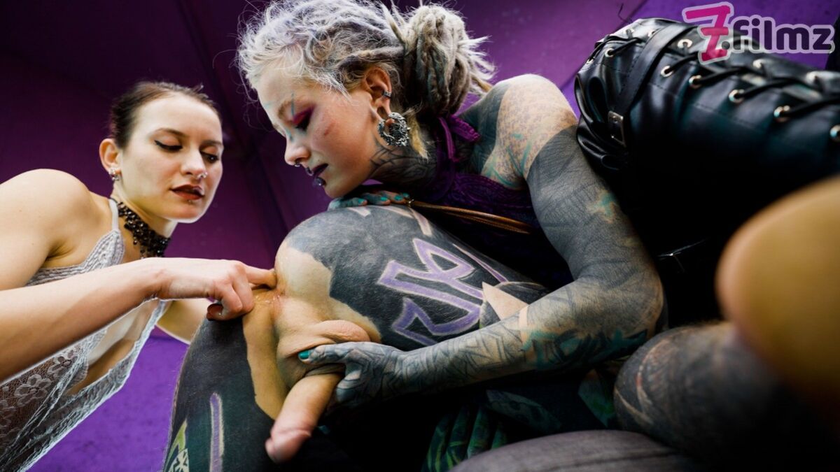 Heavy Tattooed Sub Played With And Pegged By 2 Dominas