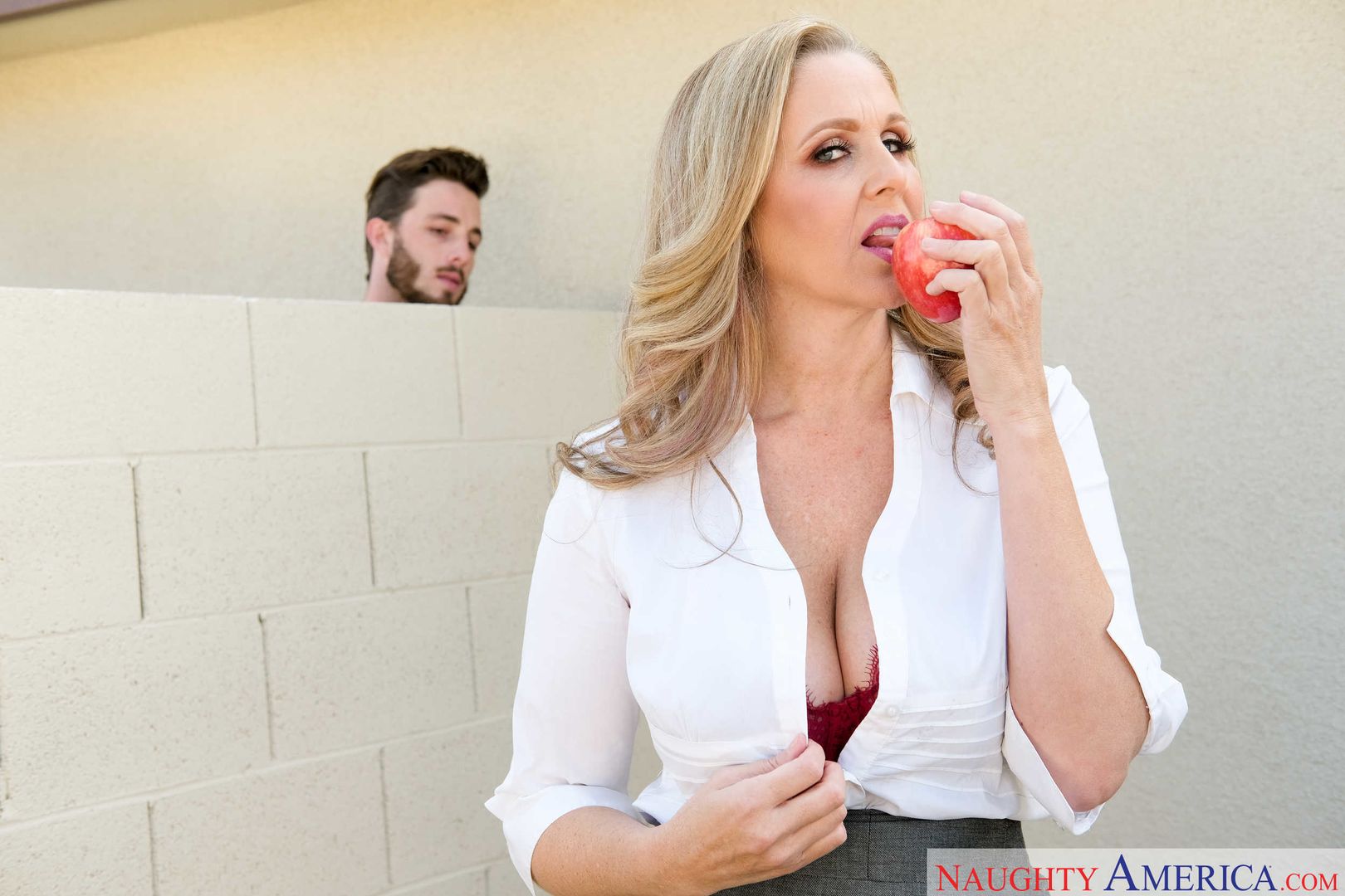 Mature professor Julia Ann fucking in the desk with her tits