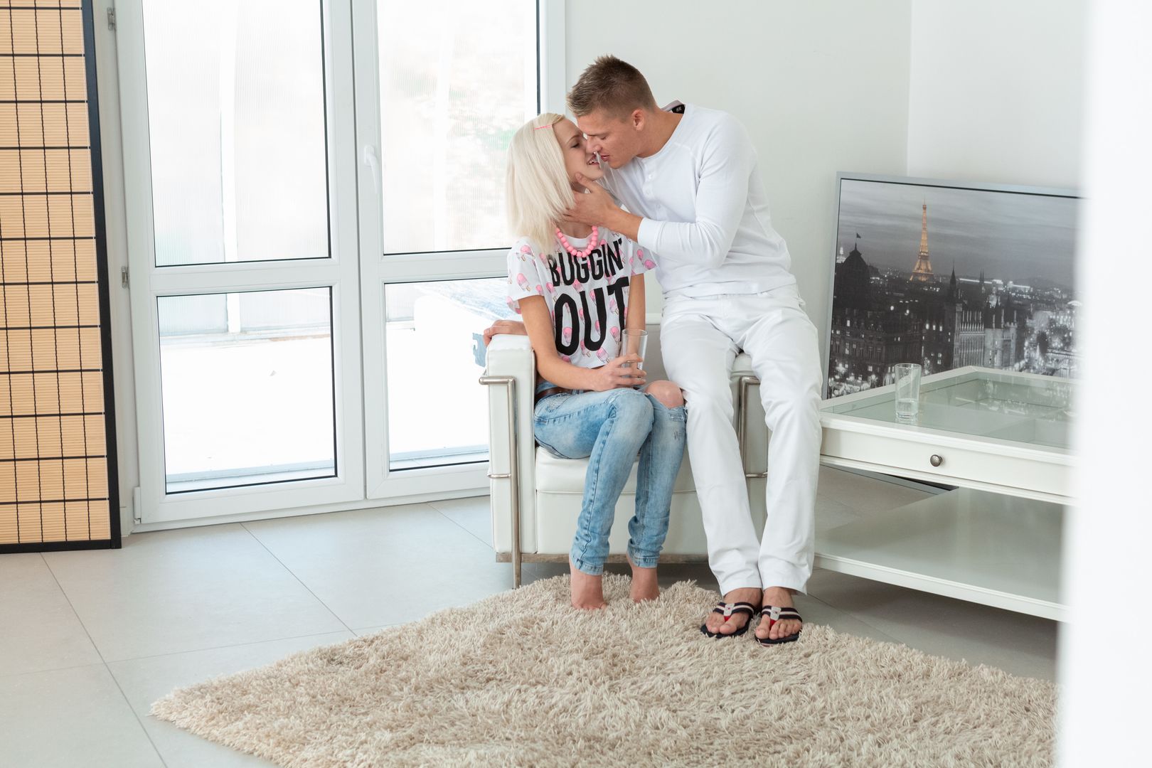 Naughty lovers stay at home to fuck in armchair