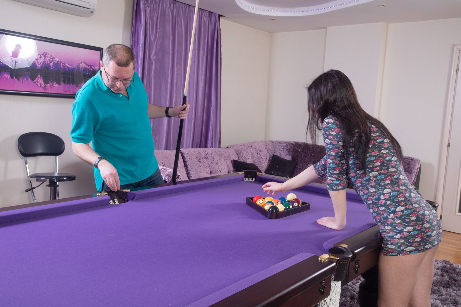 Experienced pool player pockets the balls and his hard dick